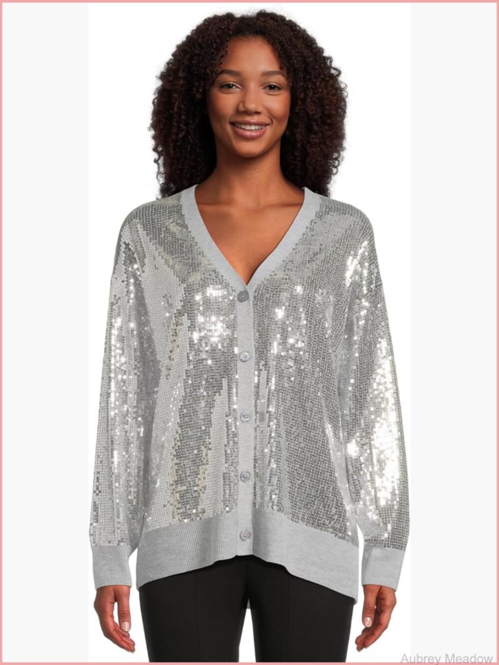 Sequined V-Neck Cardigan - Long Sleeve Button Front Knit Layer